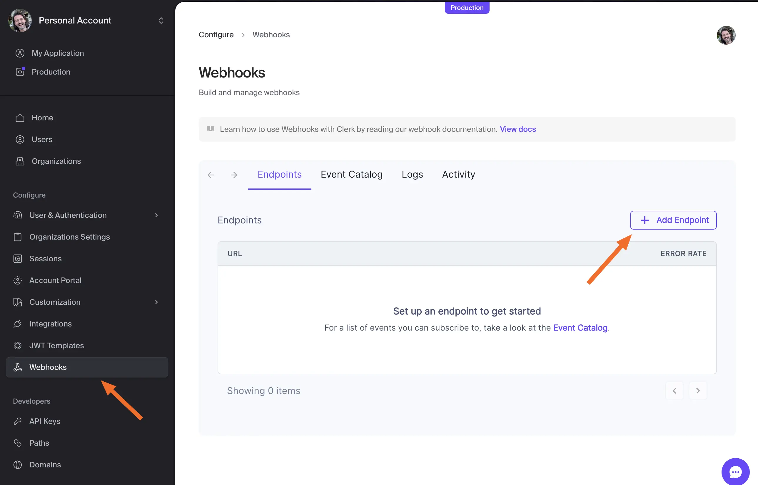 The Webhooks page in the Clerk Dashboard. A red arrow points to the button for Add Endpoint.